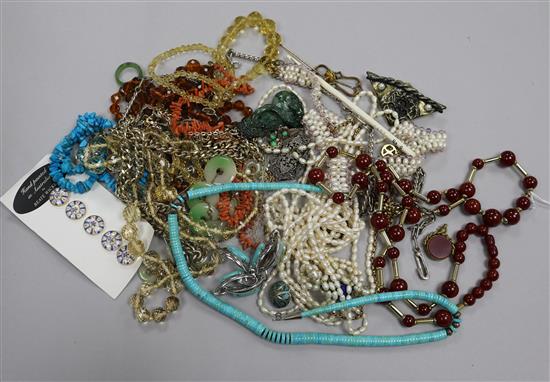 A small group of jewellery including costume, cultured pearl necklace, coral necklace, etc.